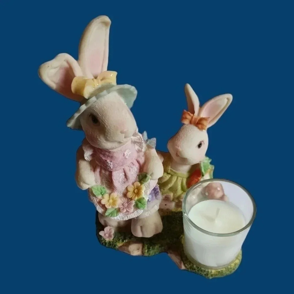 Vtg Cottage charms  ceramic dressed bunnies candle holder